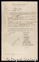 King, Sir George: certificate of election to the Royal Society