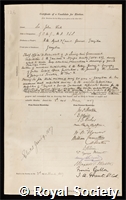 Kirk, Sir John: certificate of election to the Royal Society