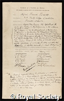 Basset, Alfred Barnard: certificate of election to the Royal Society