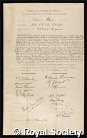 Clark, Josiah Latimer: certificate of election to the Royal Society