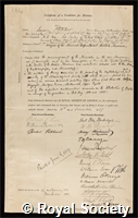 Fletcher, Sir Lazarus: certificate of election to the Royal Society