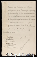 Chauveau, Jean Baptiste Auguste: certificate of election to the Royal Society