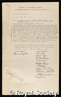 Perkin, William Henry: certificate of election to the Royal Society
