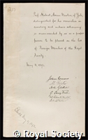 Newton, Hubert Anson: certificate of election to the Royal Society