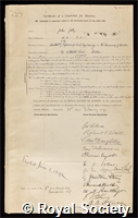 Joly, John: certificate of election to the Royal Society