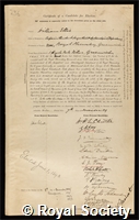 Ellis, William: certificate of election to the Royal Society