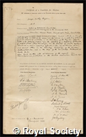 Bryan, George Hartley: certificate of election to the Royal Society