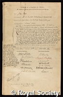 Eliot, Sir John: certificate of election to the Royal Society