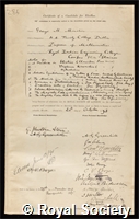 Minchin, George Minchin: certificate of election to the Royal Society