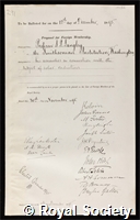 Langley, Samuel Pierpont: certificate of election to the Royal Society