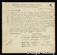 Mott, Sir Frederick Walker: certificate of election to the Royal Society
