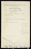 Mittag-Leffler, Gosta: certificate of election to the Royal Society