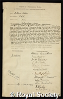 Lister, Arthur: certificate of election to the Royal Society