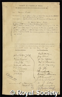 Preston, Thomas: certificate of election to the Royal Society