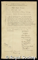 Seward, Sir Albert Charles: certificate of election to the Royal Society