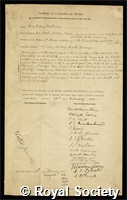 Tanner, Henry William Lloyd: certificate of election to the Royal Society