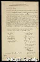 Horne, John: certificate of election to the Royal Society