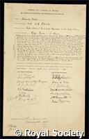 Muir, Sir Thomas: certificate of election to the Royal Society