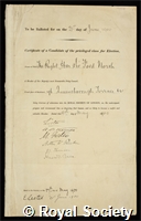 North, Sir Ford: certificate of election to the Royal Society