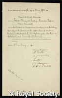 Leydig, Franz von: certificate of election to the Royal Society