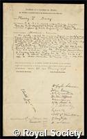 Bovey, Henry Taylor: certificate of election to the Royal Society