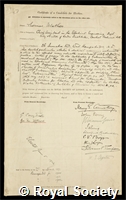 Mather, Thomas: certificate of election to the Royal Society