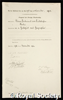 Richthofen, Ferdinand von: certificate of election to the Royal Society