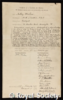 Strahan, Sir Aubrey: certificate of election to the Royal Society