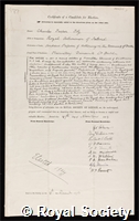 Joly, Charles Jasper: certificate of election to the Royal Society