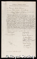 Oliver, Francis Wall: certificate of election to the Royal Society