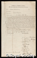 Swinburne, Sir James: certificate of election to the Royal Society