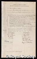 Adams, Frank Dawson: certificate of election to the Royal Society