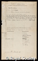 Anderson, Sir Hugh Kerr: certificate of election to the Royal Society