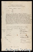 Barlow, William: certificate of election to the Royal Society