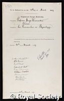Kronecker, Hugo: certificate of election to the Royal Society