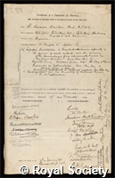 Barlow, Sir Thomas: certificate of election to the Royal Society