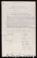 Fowler, Alfred: certificate of election to the Royal Society