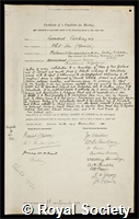Cockayne, Leonard: certificate of election to the Royal Society