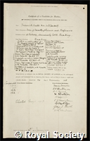 Keeble, Sir Frederick William: certificate of election to the Royal Society