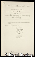 Hjort, Johan: certificate of election to the Royal Society