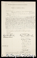 McKenzie, Alexander: certificate of election to the Royal Society