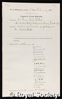 Gilbert, Grove Karl: certificate of election to the Royal Society