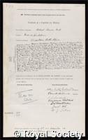Broom, Robert: certificate of election to the Royal Society