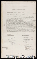 Merton, Sir Thomas Ralph: certificate of election to the Royal Society