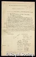 Hutchinson, Arthur: certificate of election to the Royal Society