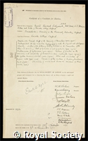 Sidgwick, Nevil Vincent: certificate of election to the Royal Society