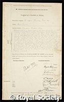 Yarrow, Sir Alfred Fernadez: certificate of election to the Royal Society