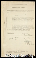 Barr, Archibald: certificate of election to the Royal Society