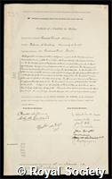 Fawcett, Edward: certificate of election to the Royal Society