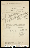 Horton, Frank: certificate of election to the Royal Society